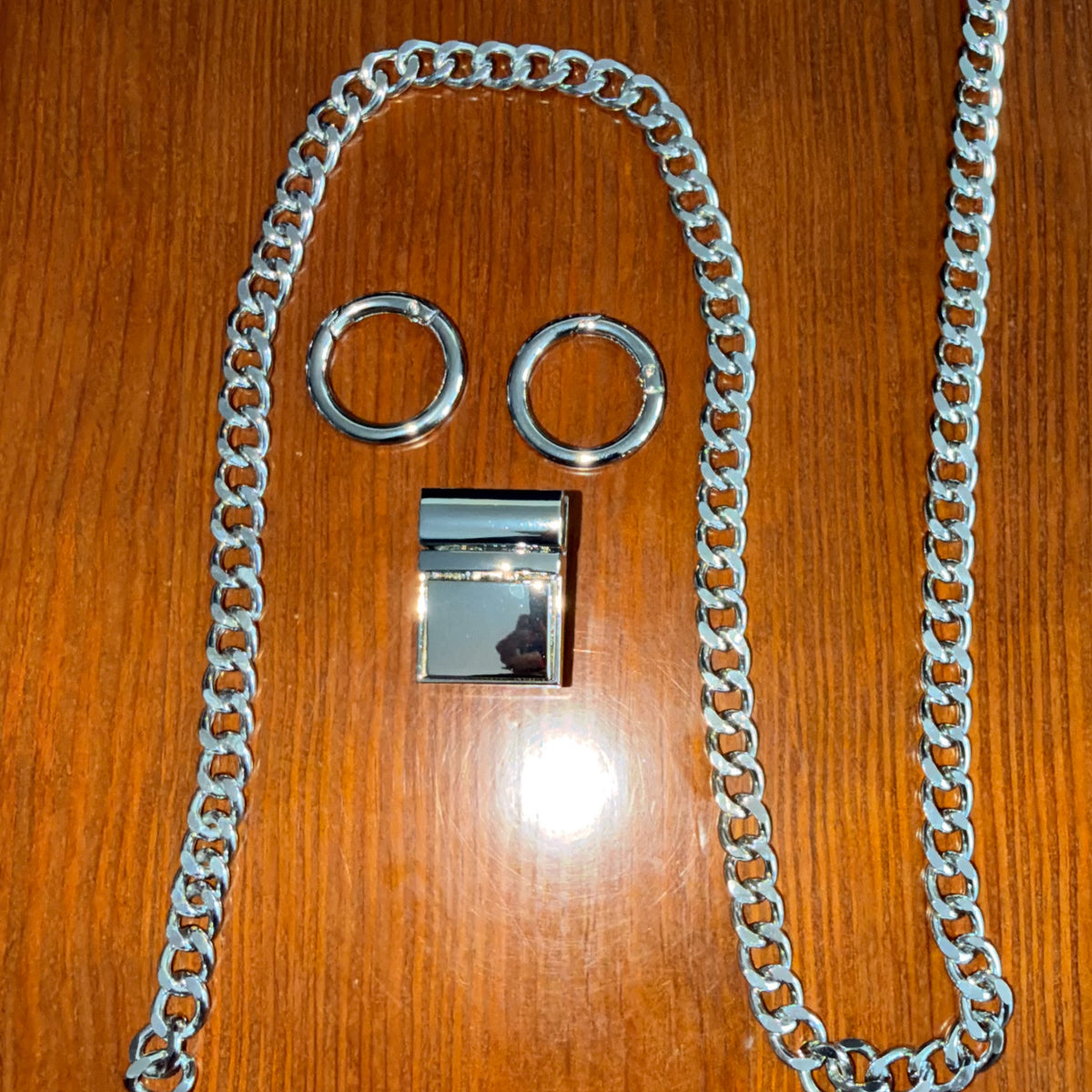 Set de Herrajes Níquel para Bolso de Trapillo | 2 Argollas 25mm + Cadena 1.3m + Broche Cuadrado