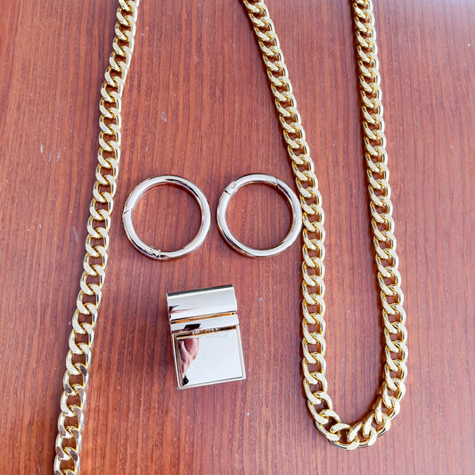 Set de Herrajes Oro para Bolso de Trapillo | 2 Argollas 32mm + Cadena 1.3m + Broche Cuadrado
